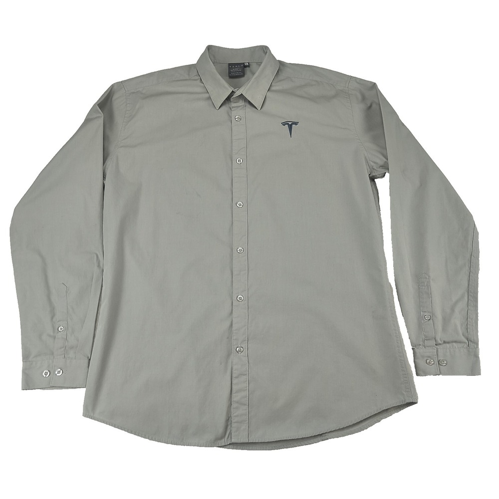 Tesla Motors Mens XL Gray Long Sleeve Button Up Shirt Embroidered Logo Workwear